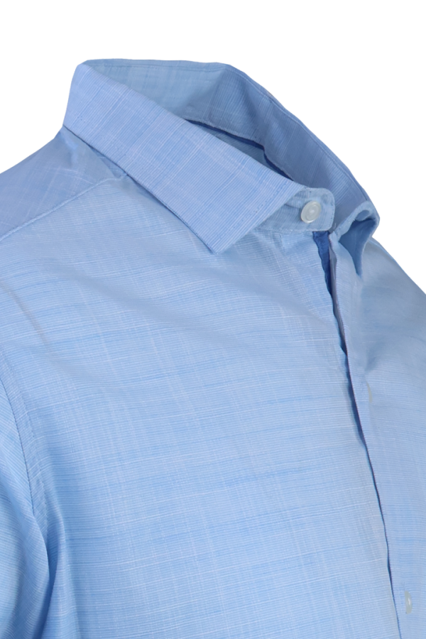 Camisa Manga Larga Slim Fit Textura Lino Color Azul Jaspe Para Caballero
